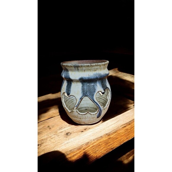 Vintage Stoneware studio Art Pottery Reticulated Candle Holder Signed Heart - Picture 4 of 7